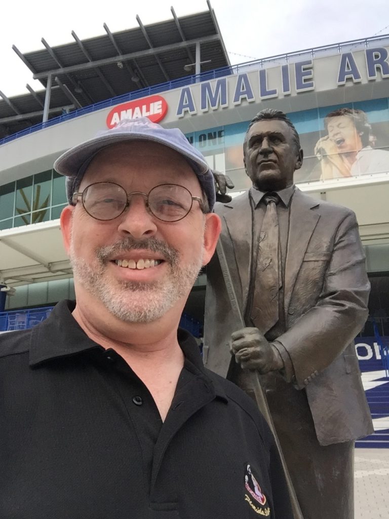 Bob Andelman (l) and Phil Esposito statute in front of Amalie Arena, downtown Tampa, home of the Tampa Bay Lightning, 2017