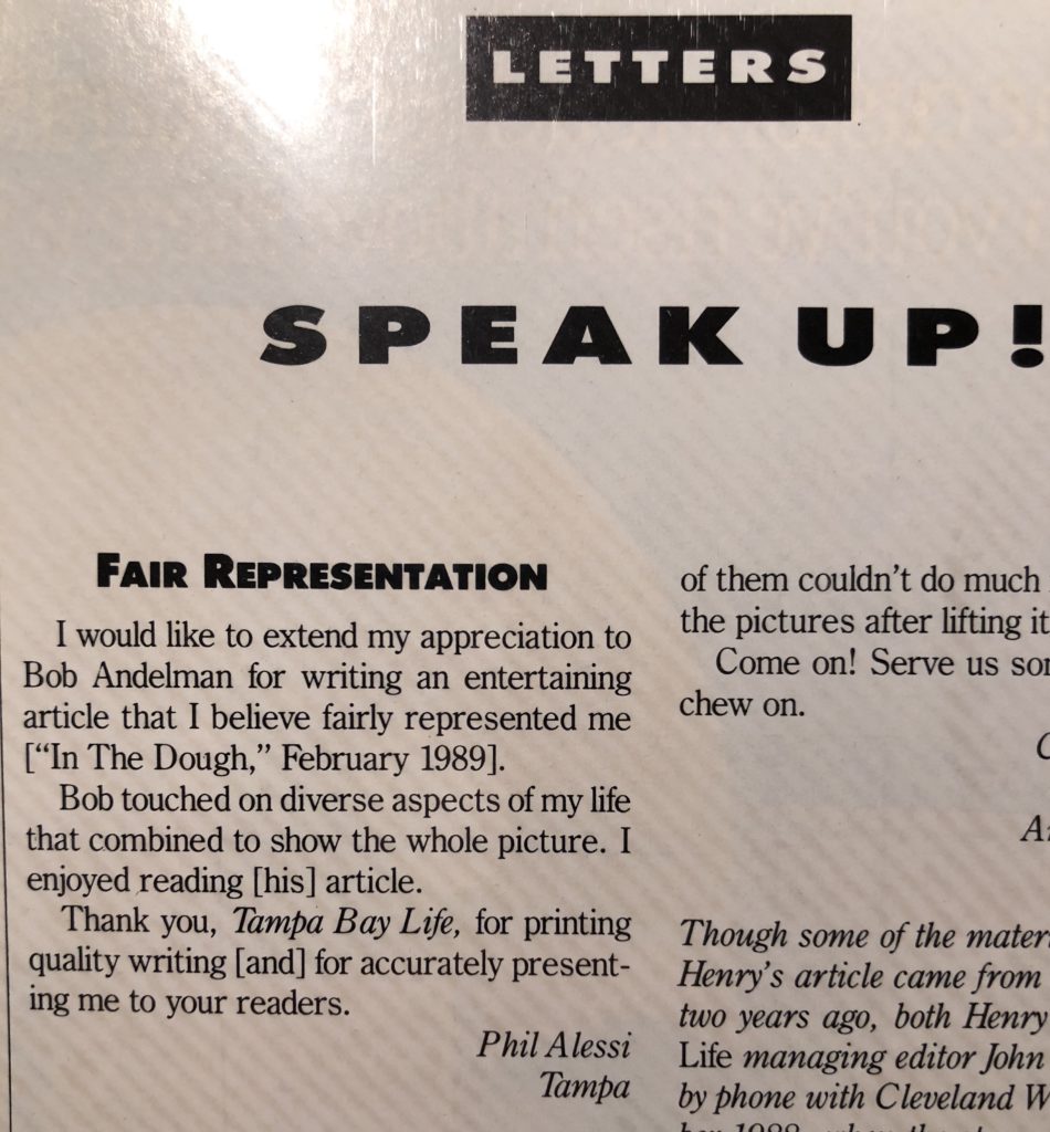 Phil Alessi letter of thanks to Tampa Bay Life magazine, Bob Andelman